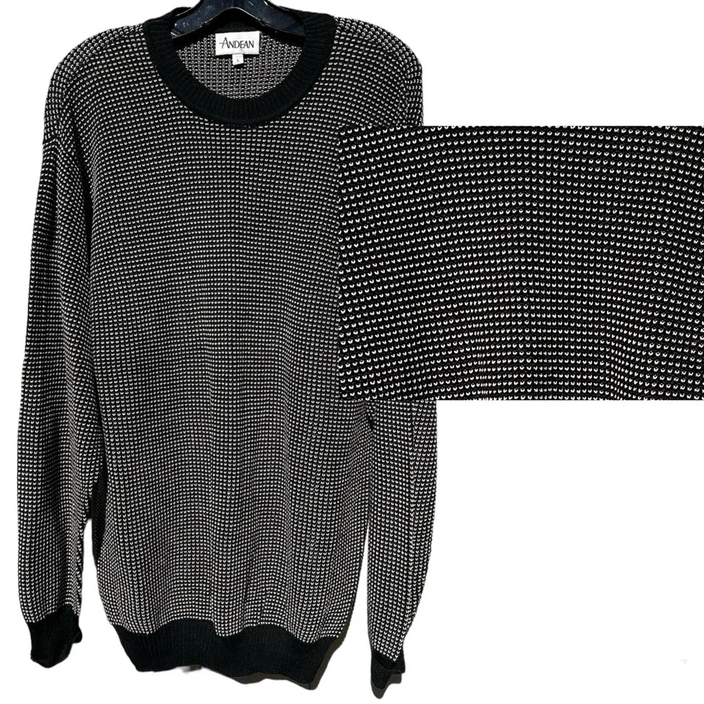 Vintage ANDEAN Peru Black Tan Knit Cotton Golf Pullover 80s Sweater Size L EUC